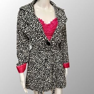 Fabulous Luii Black/White Animal Print Trench Coat Hot Pink Lining Self Tie Belt